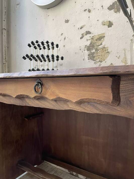 Brutalist desk in elm, signed Aranjou.