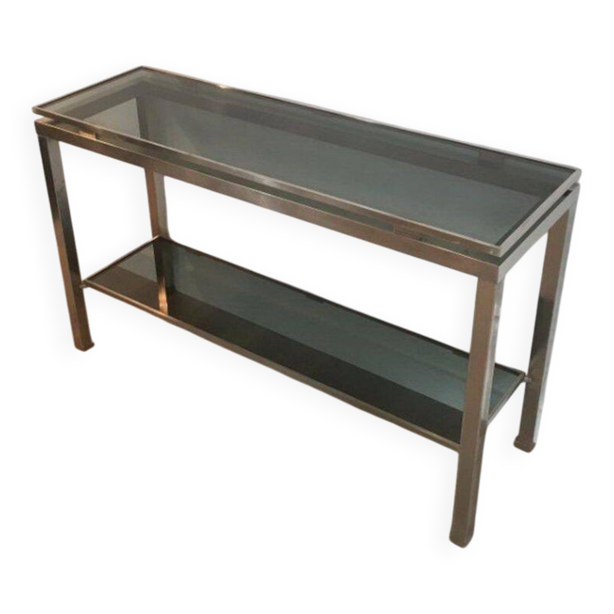 Beautiful console table in brushed metal with bluish glass shelves
