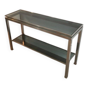 Console métal brossé et plateaux verre bleuté