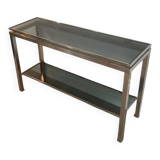 Beautiful console table in brushed metal with bluish glass shelves