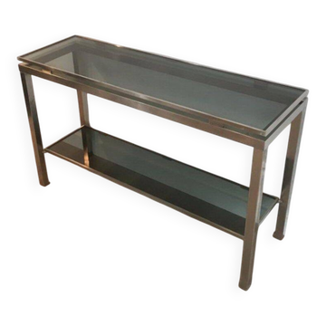 Console en métal brossé et plateaux en verre bleuté