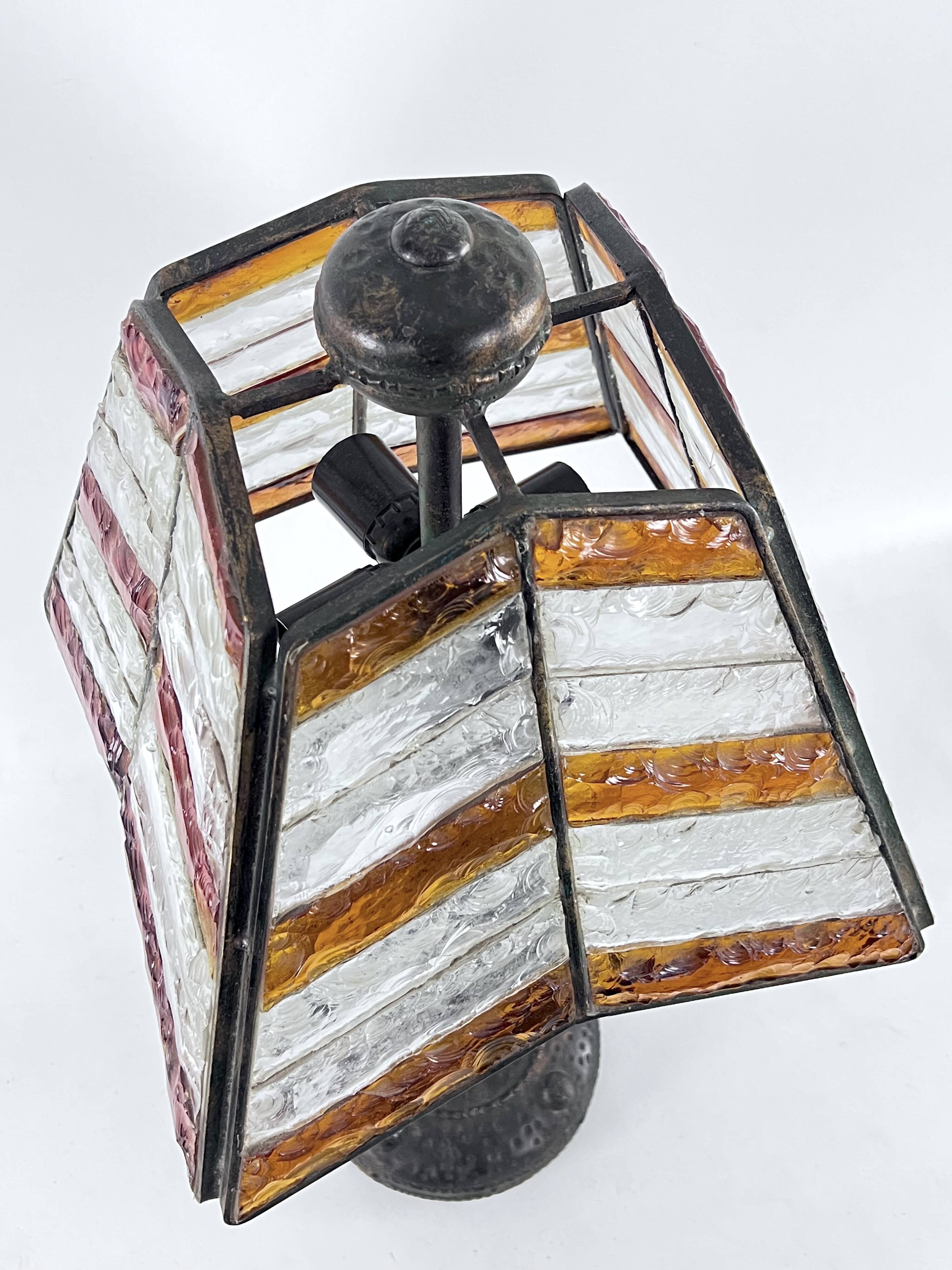 Monumental brutalist thick glass and metal table lamp by Longobard. Italy 1