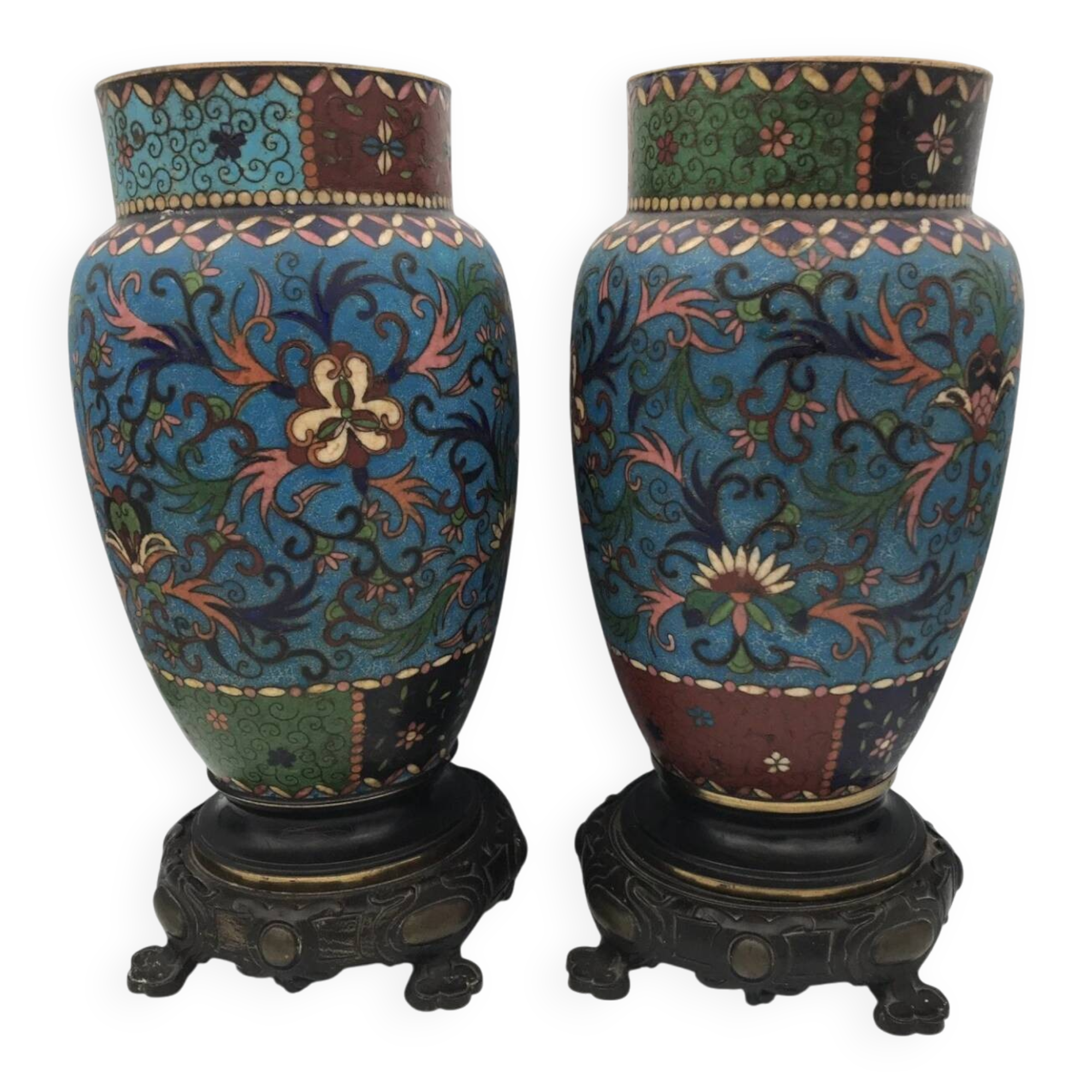 PAIR of Cloisonné Ceramic VASES, Floral Decoration, Bronze Base