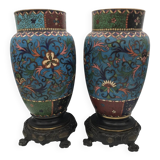 PAIR of Cloisonné Ceramic VASES, Floral Decoration, Bronze Base