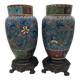 PAIR of Cloisonné Ceramic VASES, Floral Decoration, Bronze Base