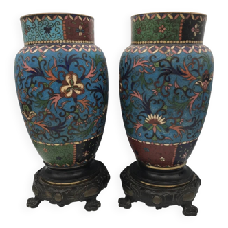 PAIR of Cloisonné Ceramic VASES, Floral Decoration, Bronze Base