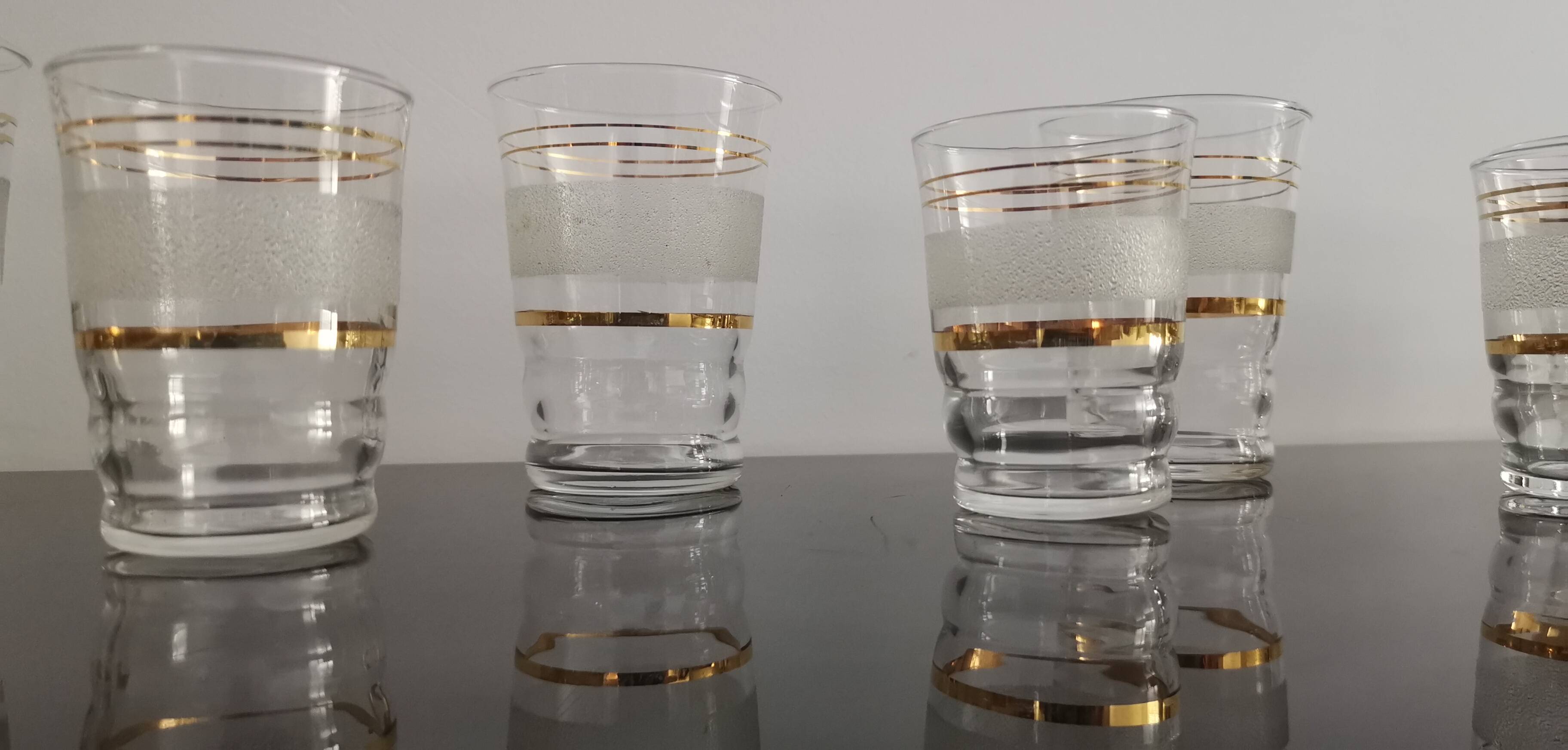 Set of 5 water glasses and 5 aperitif glasses with granite decorations and gold edging from the 1950s