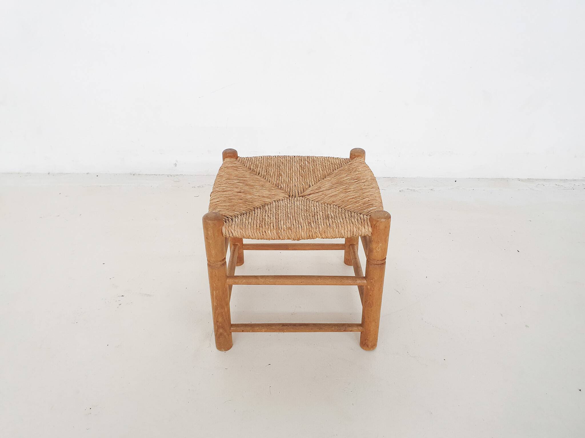 Vintage rattan and wooden stool, France, 1960's