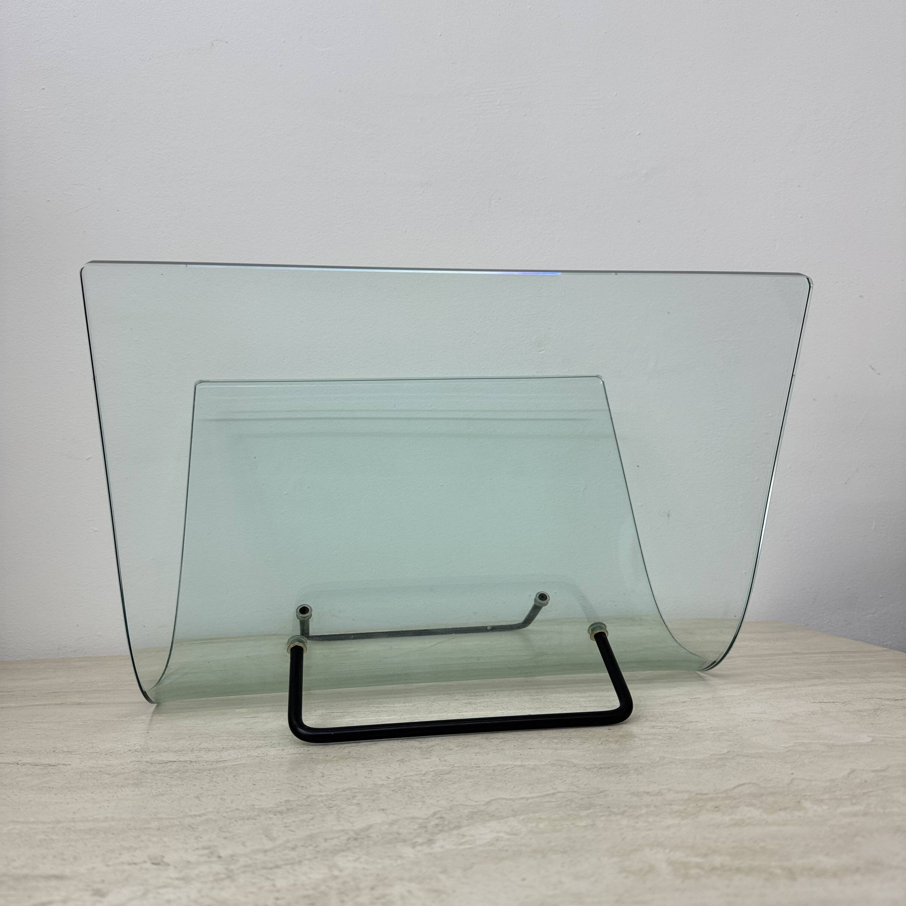 Post modern Fiam Italy curved glass magazine rack , 1980’s