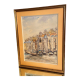 Watercolor signed Simone Duval-Wenta 1934-2015 view of Honfleur