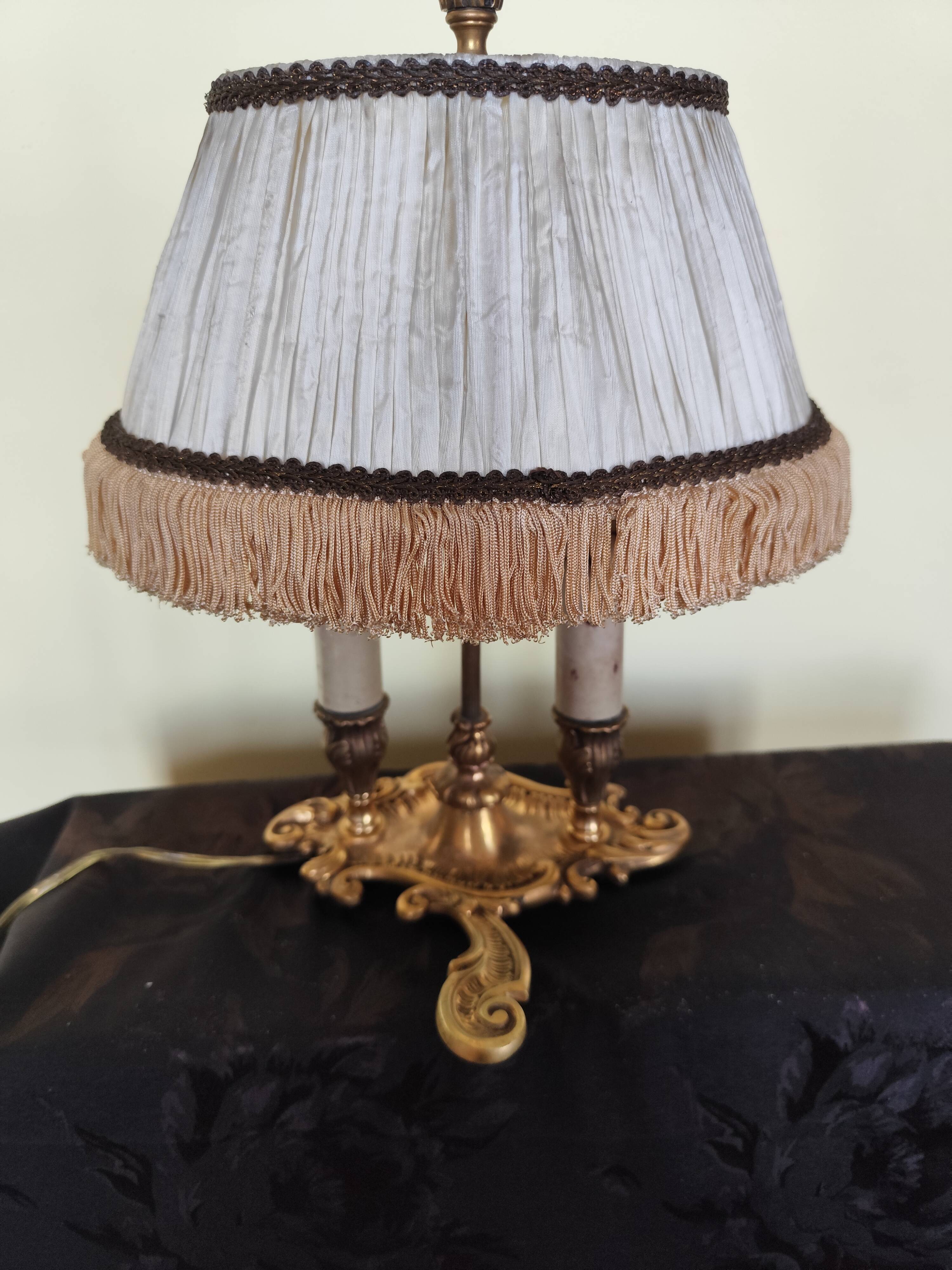 bronze bouillotte lamp with 2 lights and fabric shade