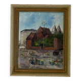 Original Swedish Mid-Century Oil on Panel " Mårtenstorget with Krognoshuset in Lund!t" by CIris