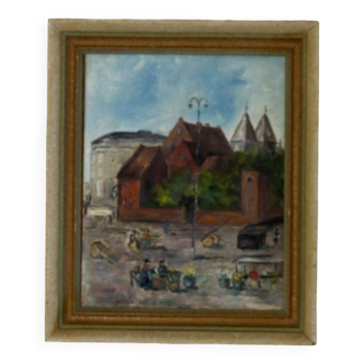 Huile sur panneau originale suédoise du milieu du siècle « Mårtenstorget avec Krognoshuset à Lund!t » par CIris