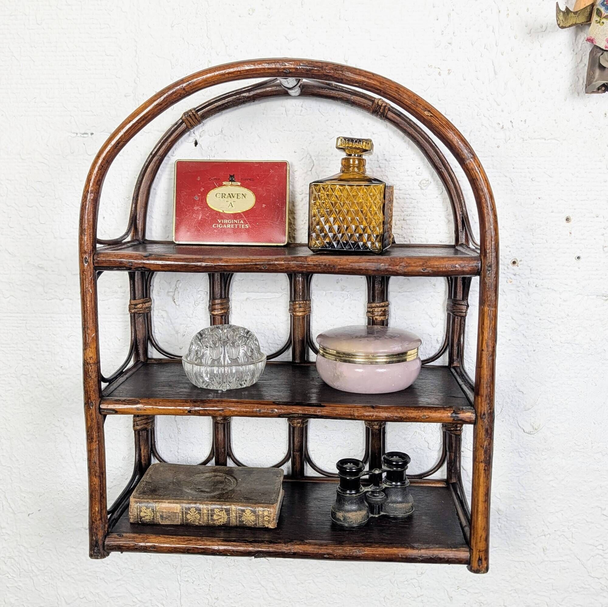 Brown rattan wall shelf, 3 levels