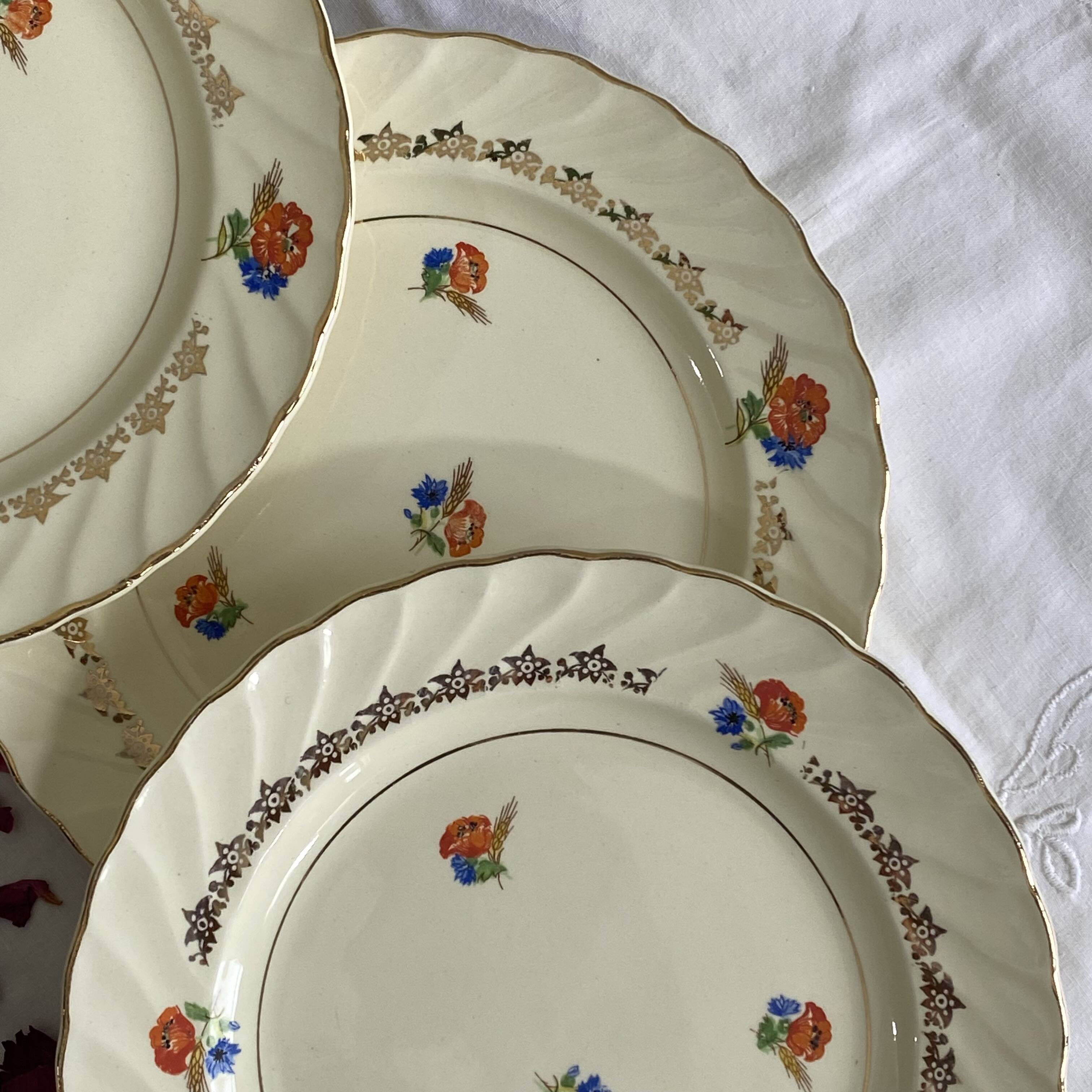 6 pale yellow earthenware dessert plates from Salins with flowers