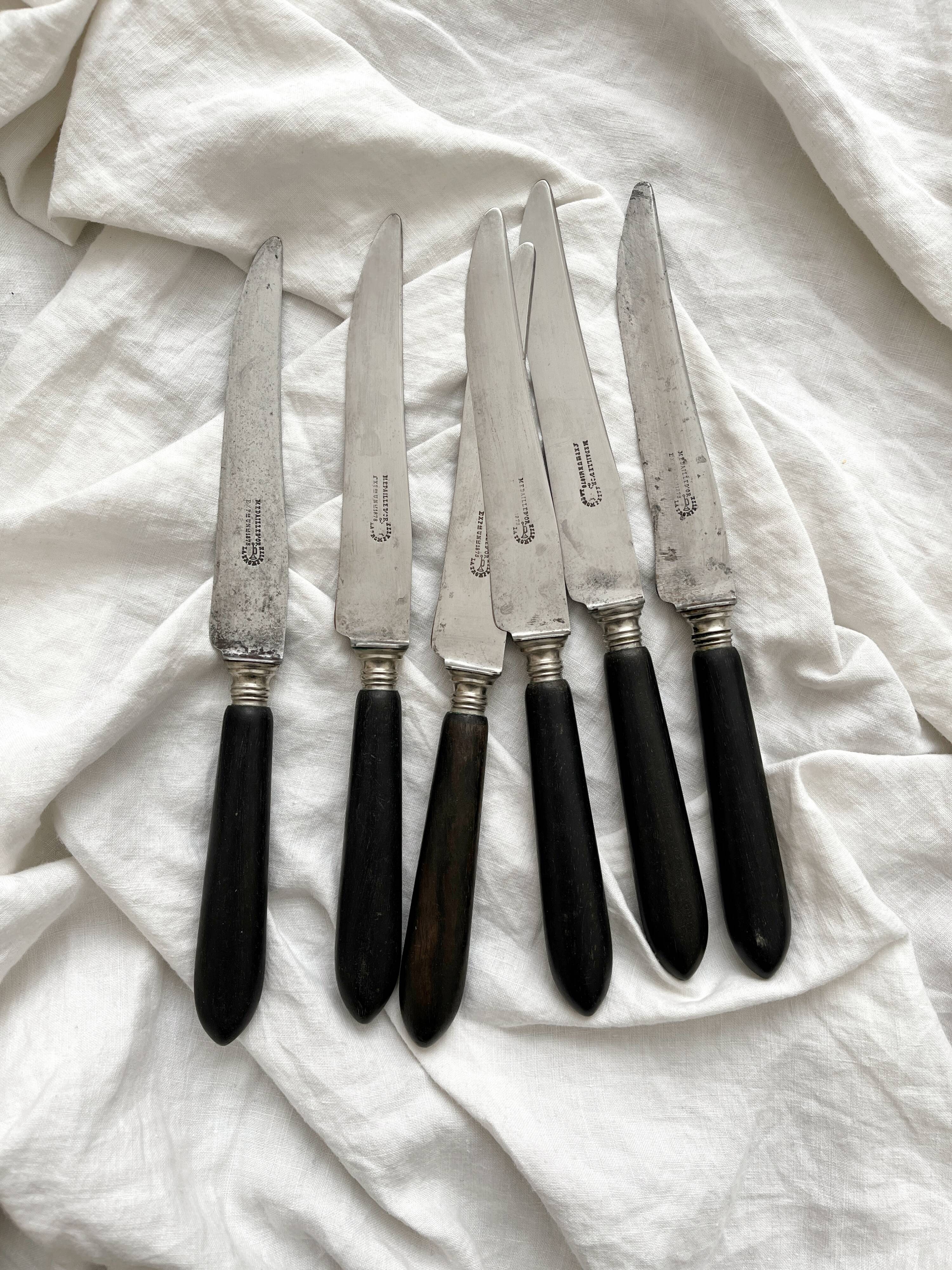 6 antique black wooden table knives La Trompette, late 19th century