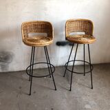 Set of 2 stools swivel rattan 60s