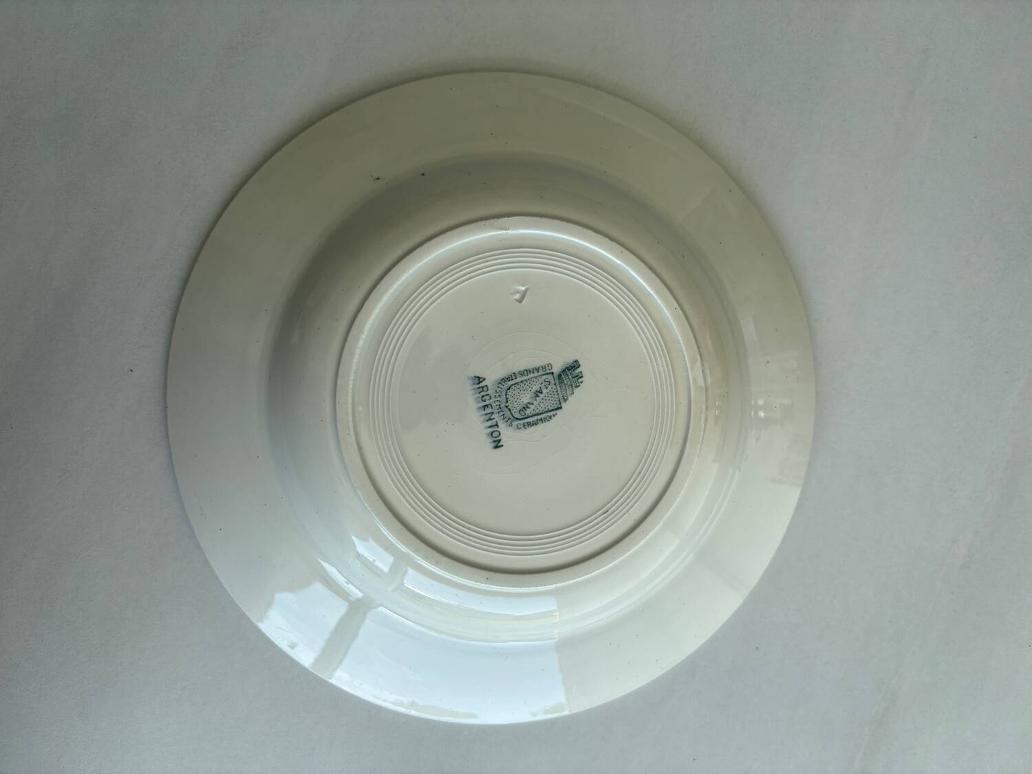 A deep plate in blue and green ironstone, antique French earthenware.
