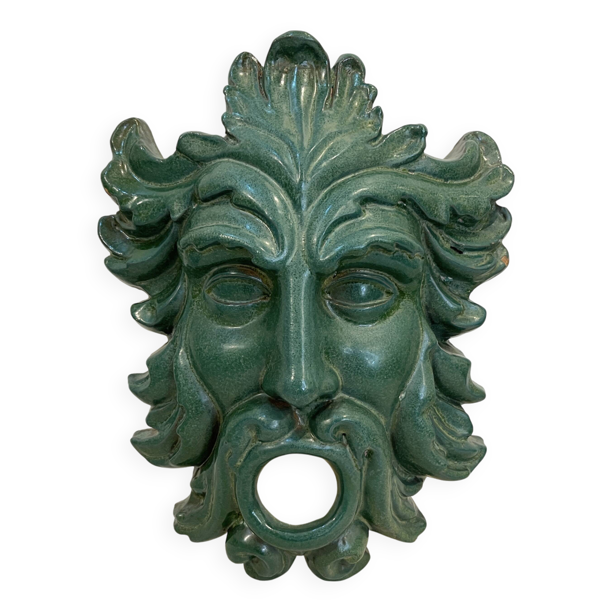 Mask wall sculpture head of Poseidon Neptune ceramic bronze green fountain mouth