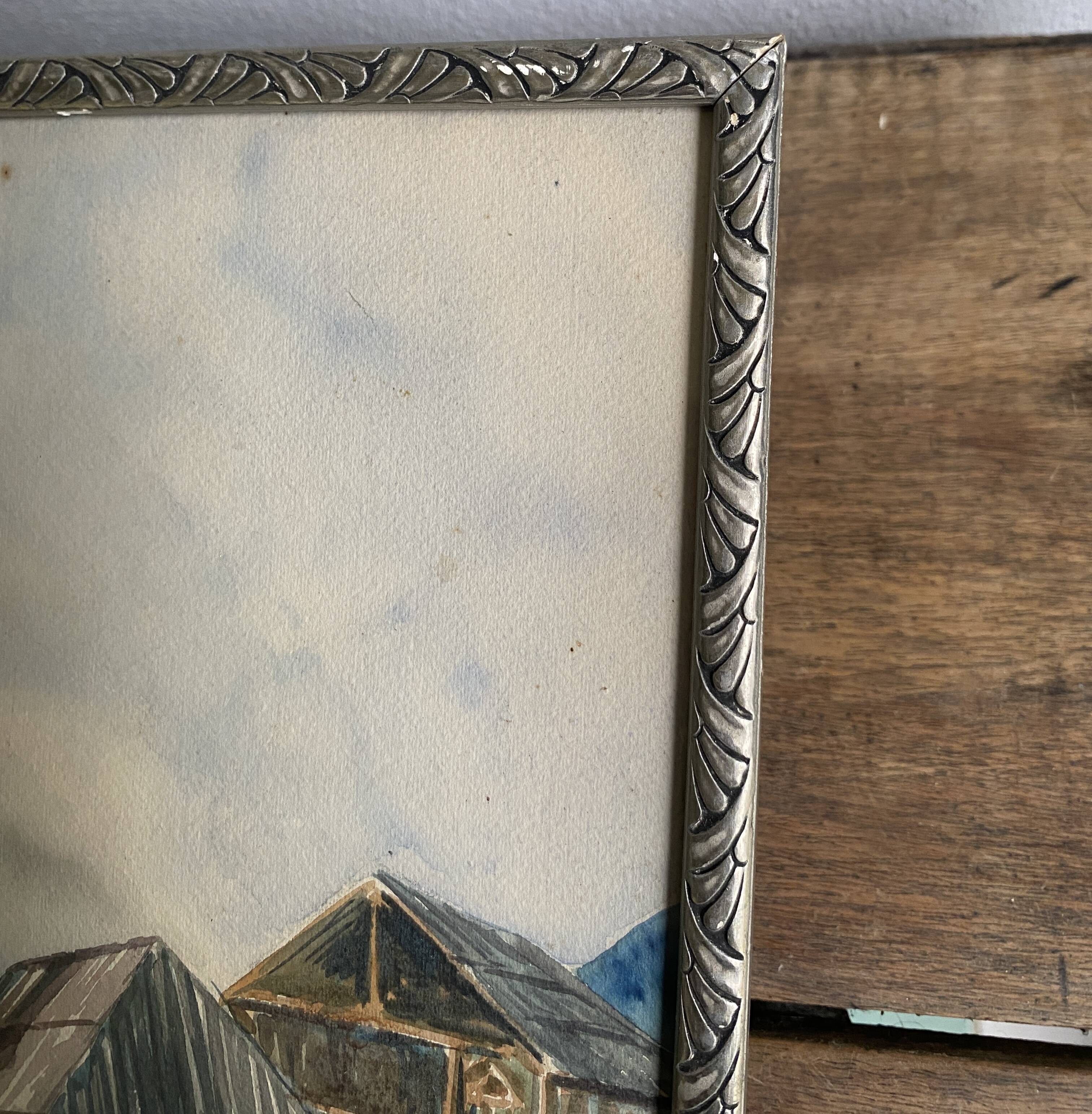 Aquarelle 1920, cadre bois sculpté argenté