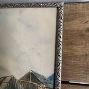 Aquarelle 1920, cadre bois sculpté argenté