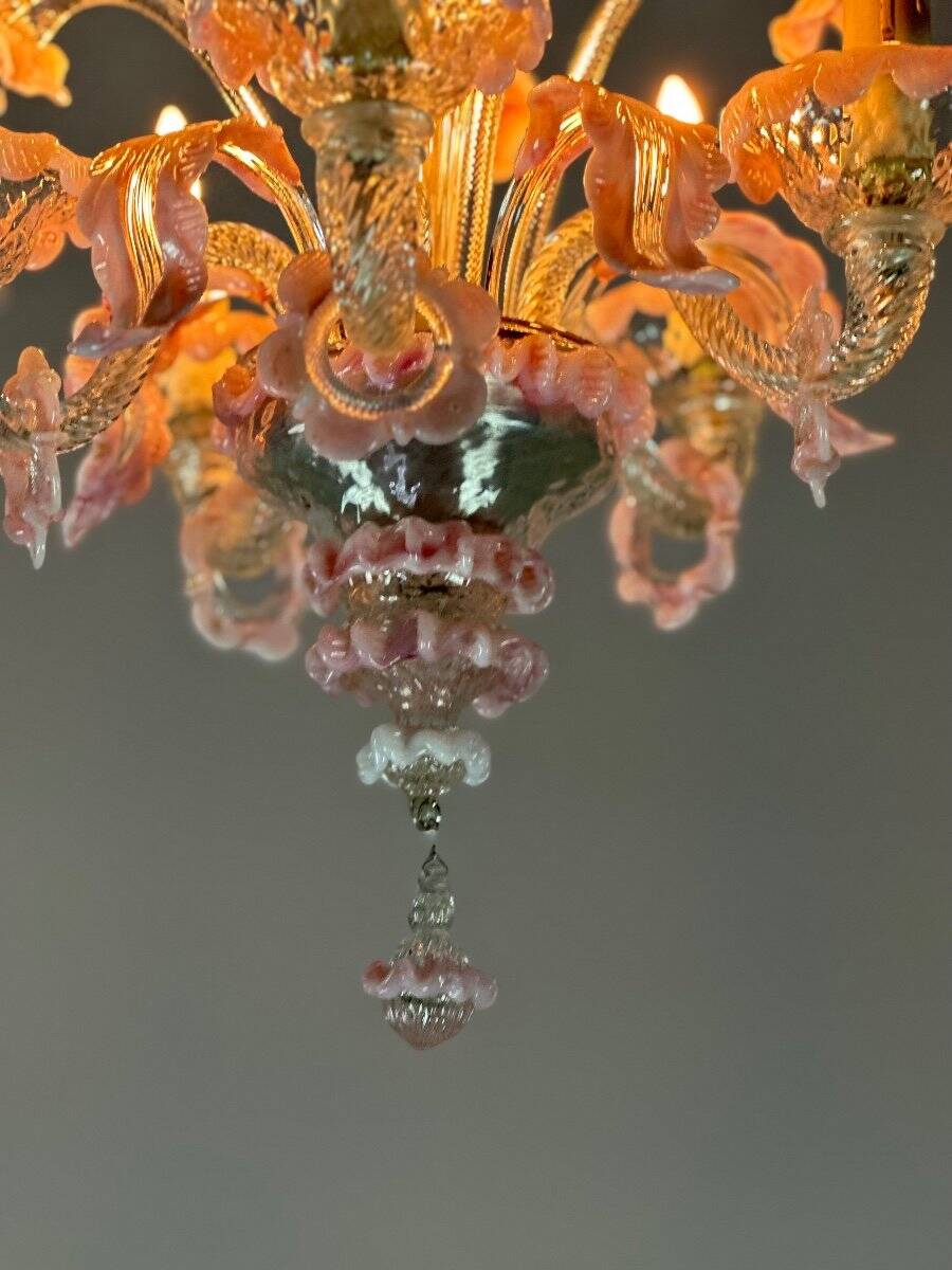 Small venetian chandelier in colorless and pink murano glass 5 arms of light circa 1920