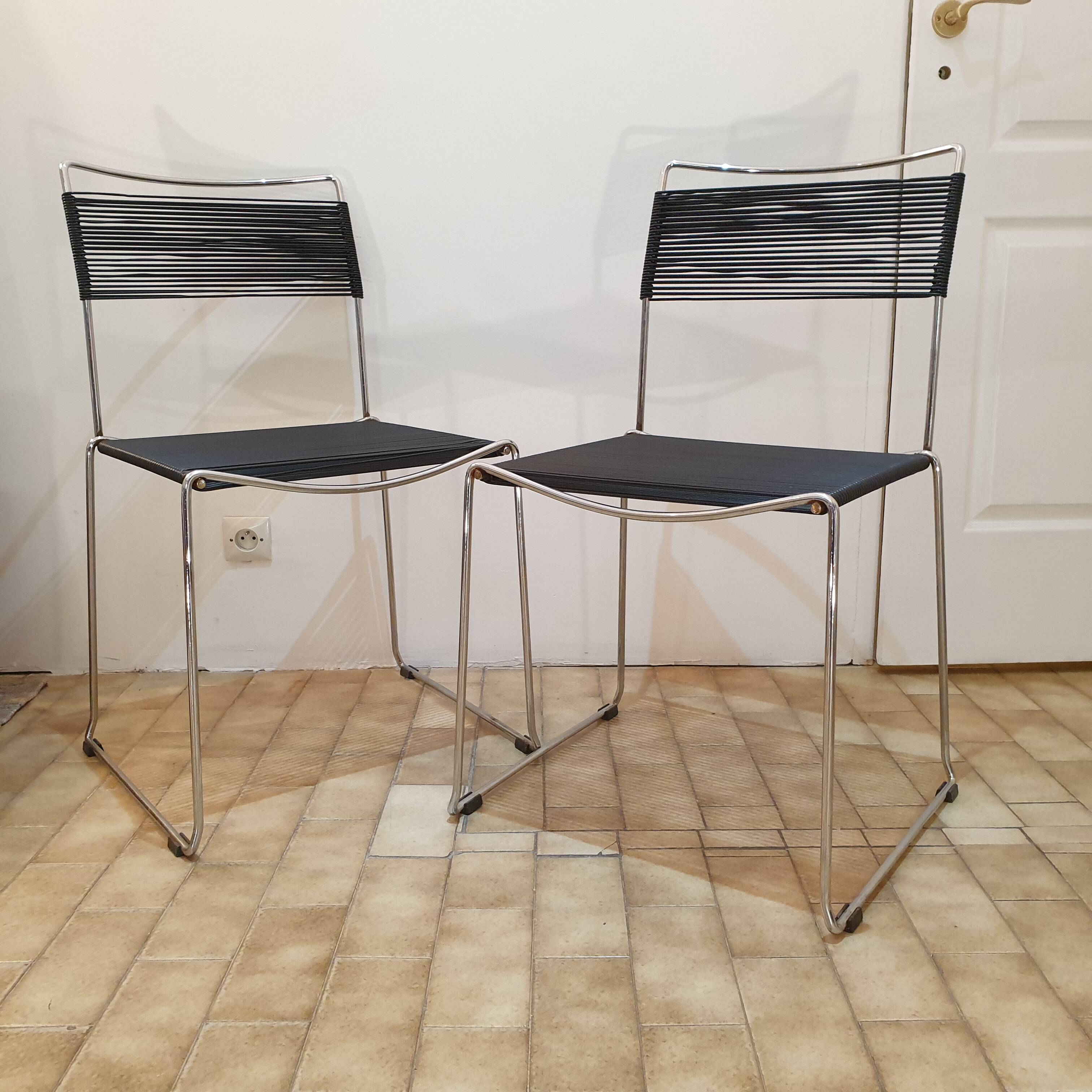 Pair of spaghetti chairs stainless steel and black scoubidou Giondomenico Belotti