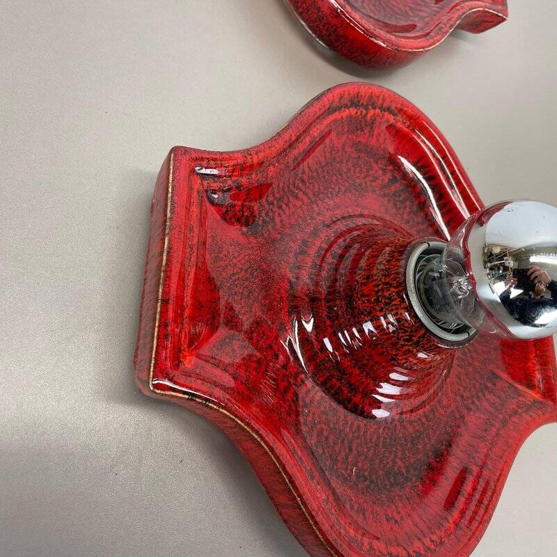 Red ceramic fat lava wall lamps by Hustadt Lights, Germany, 1970s, set of 2
