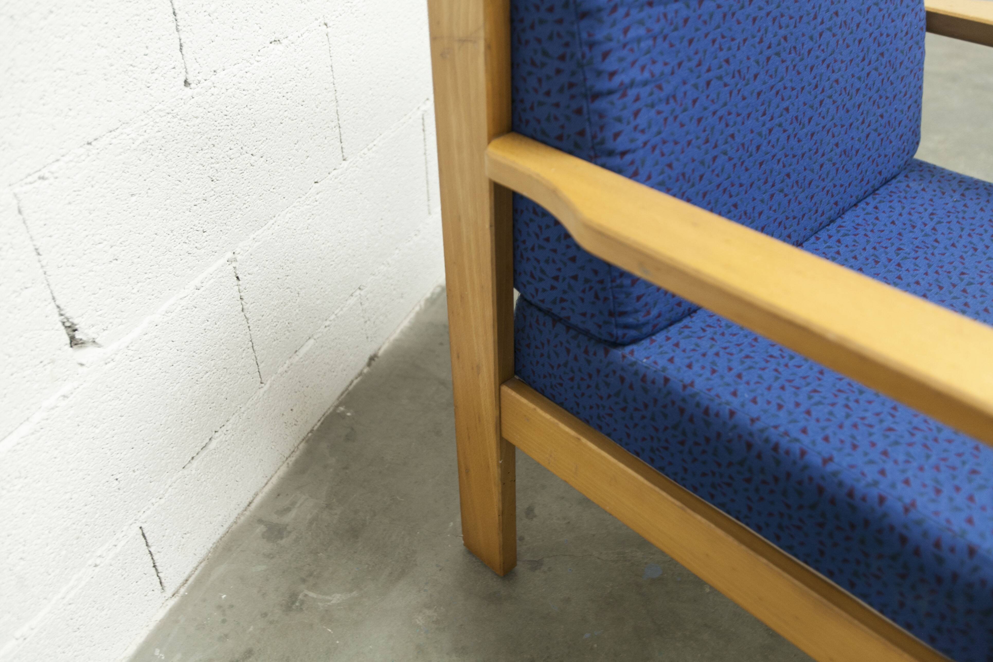 Comfortable 1980s blue and honey beech armchair