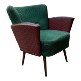 Vintage green cocktail chair in faux leather and wood, 1950s, compact mid-century design.