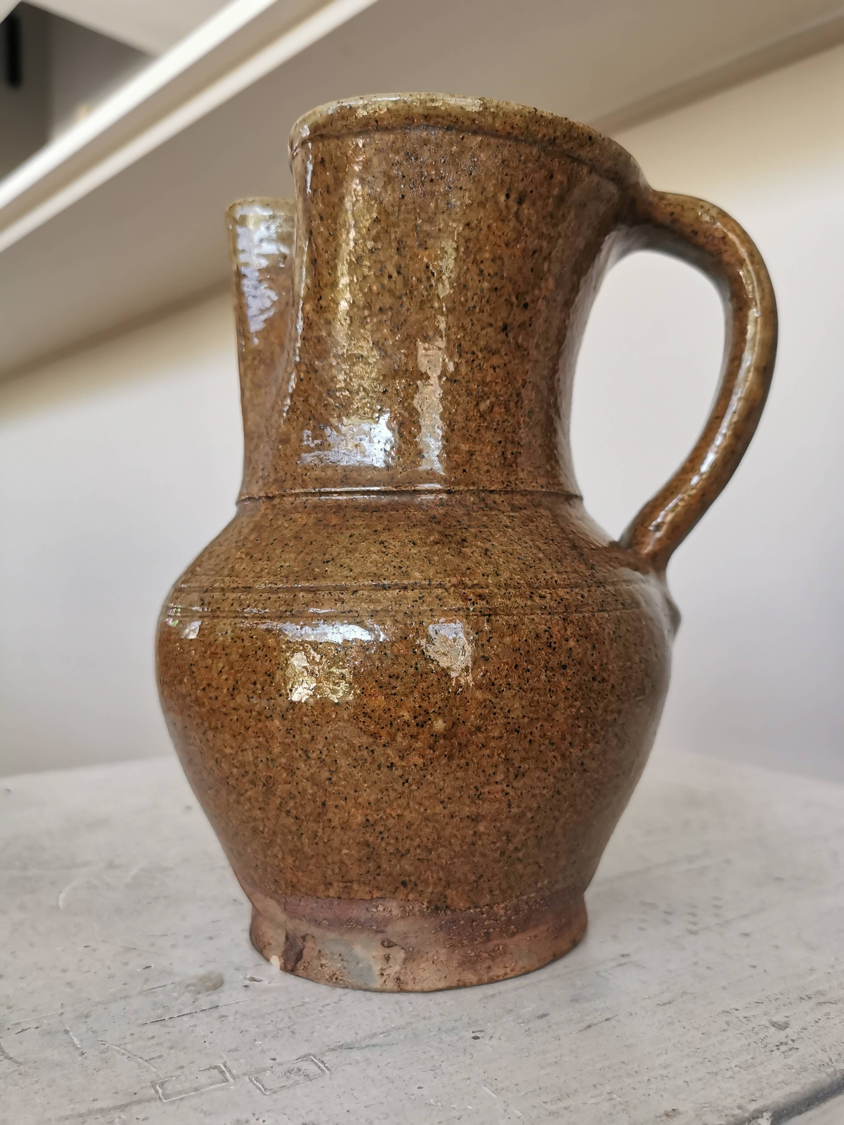 Vintage Studio Pottery Owl Pitcher: Speckled Glaze Stoneware Vase