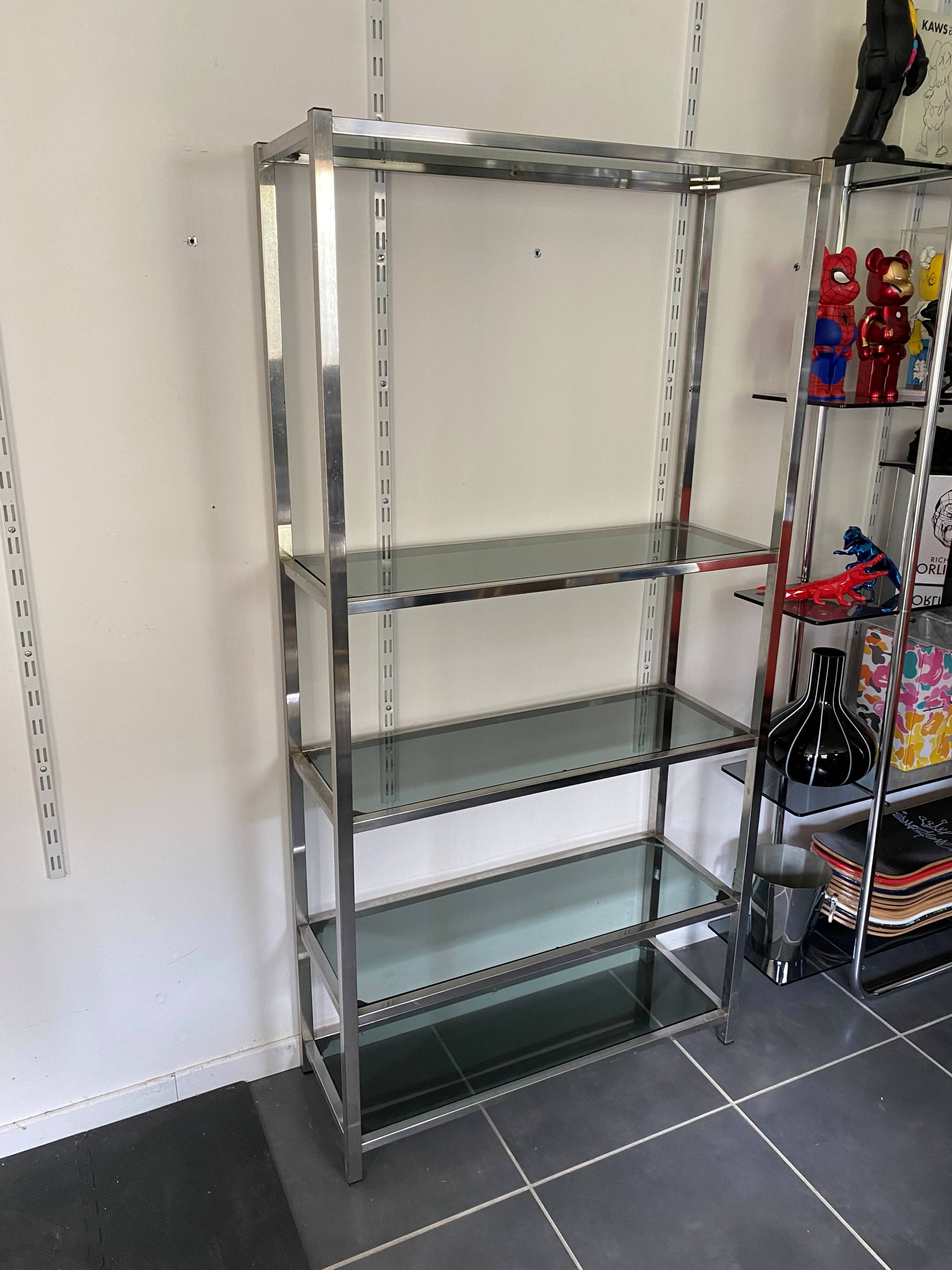 Vintage 1970s modular glass and chrome wall shelf display cabinet