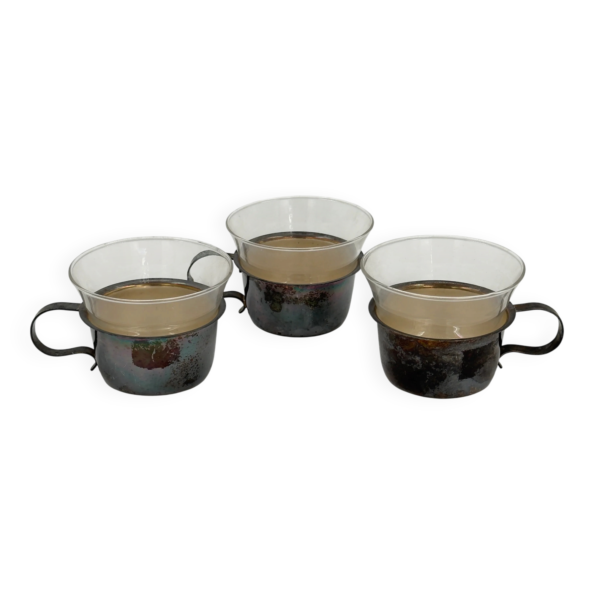 Set of 3 vintage tea glasses with silver-plated holders.