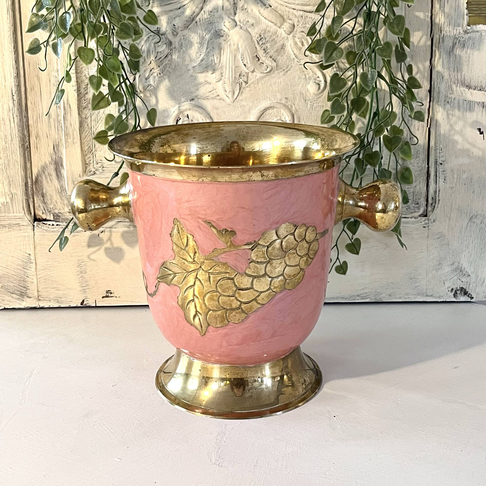 Enamel Ice Bucket – Vintage French Pink Gilt Grapevine Champagne Coole