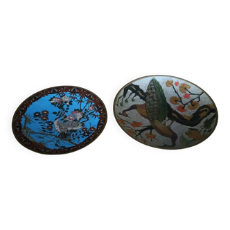 Asia circa 1900: two cloisonné enameled brass plates