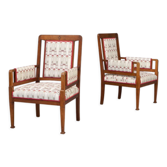 Art Nouveau oak and fabric armchair for Pander set/2