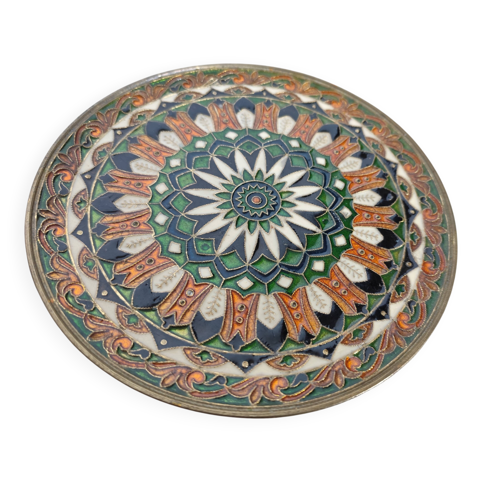 Vintage French decorative plate in brass and mosaic enamel.
