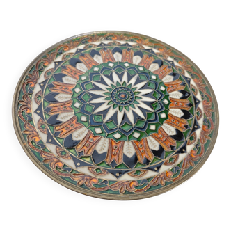 Vintage French decorative plate in brass and mosaic enamel.