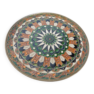 Assiette décorative française en laiton et émail mosaïque vintage