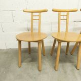 Set of 3 minimalist chairs in light wood, 1980s Italy