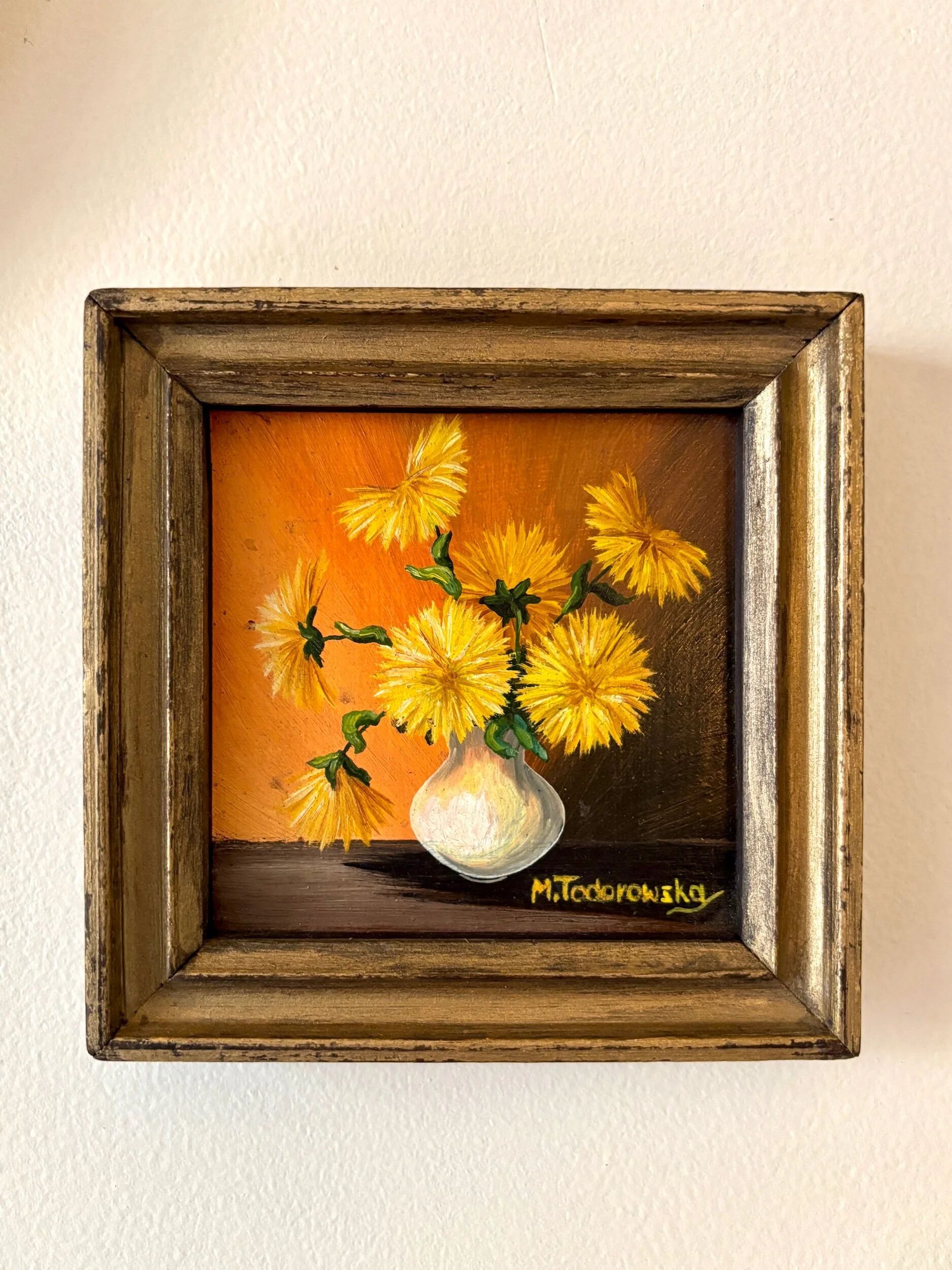 Framed painting on wood - yellow flowers