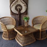 Ensemble vintage de chaises de paon en osier et table des années 60