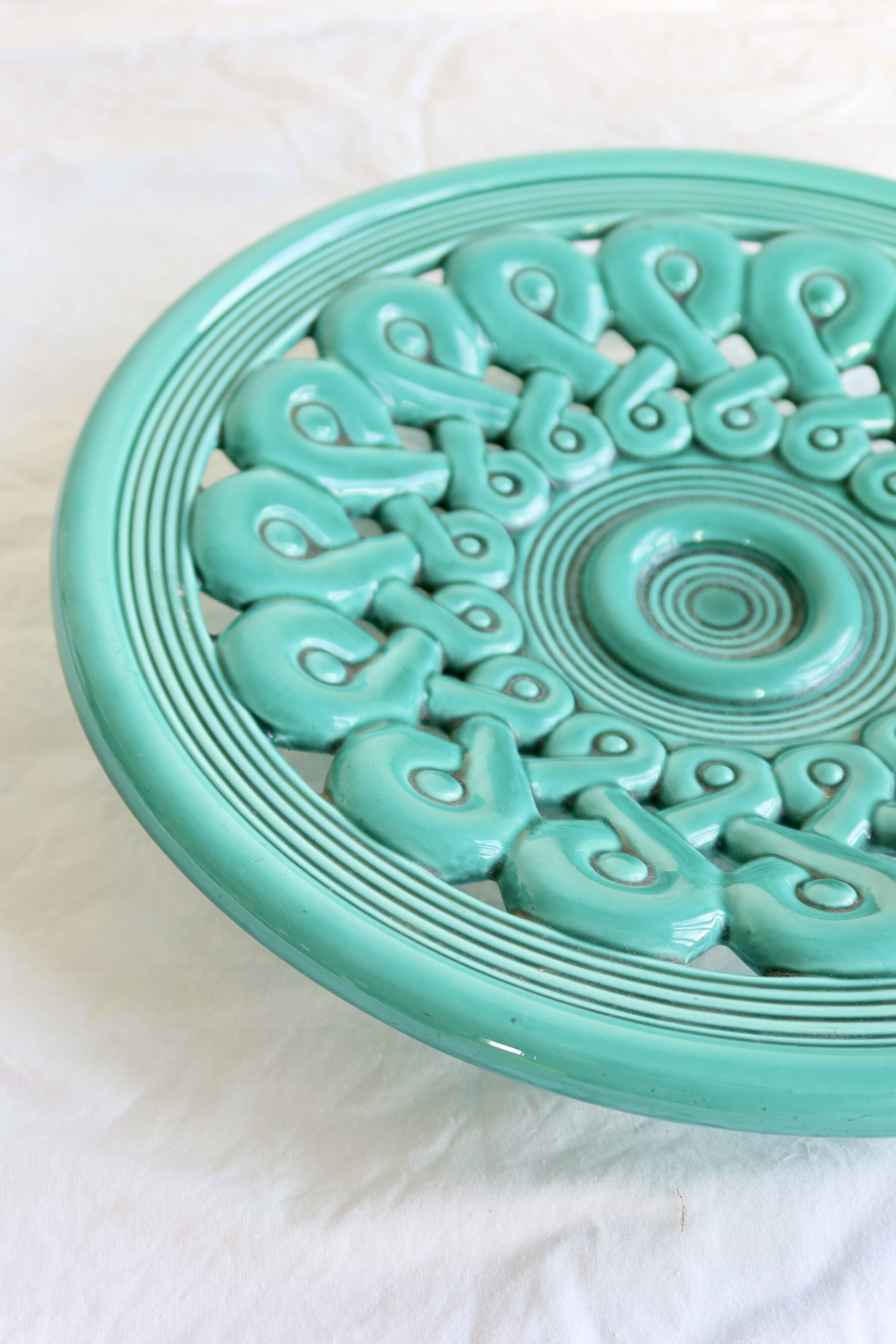 Large vintage turquoise ceramic bowl – Openwork braided pattern