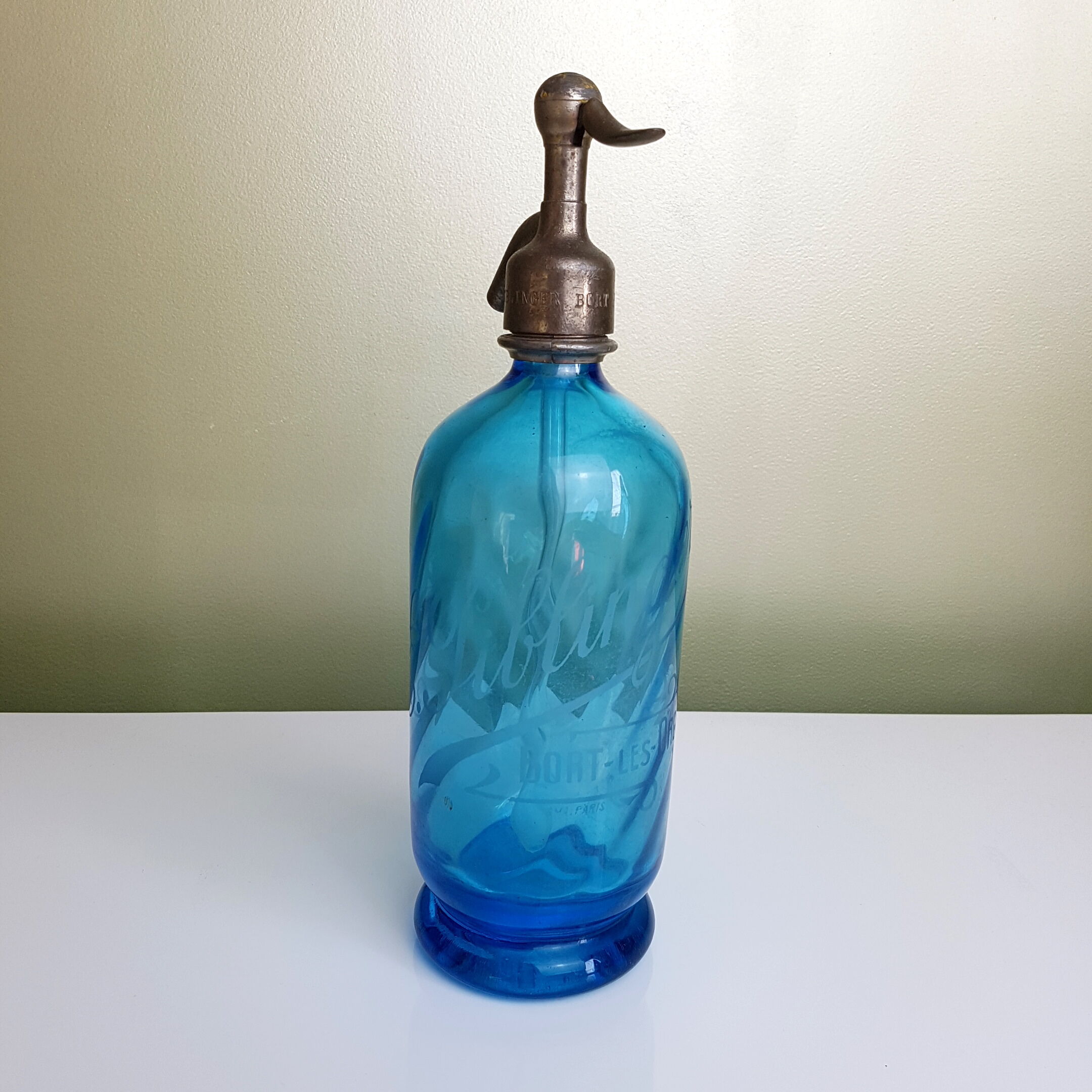 Siphon ancien eau de Seltz en verre Bleu