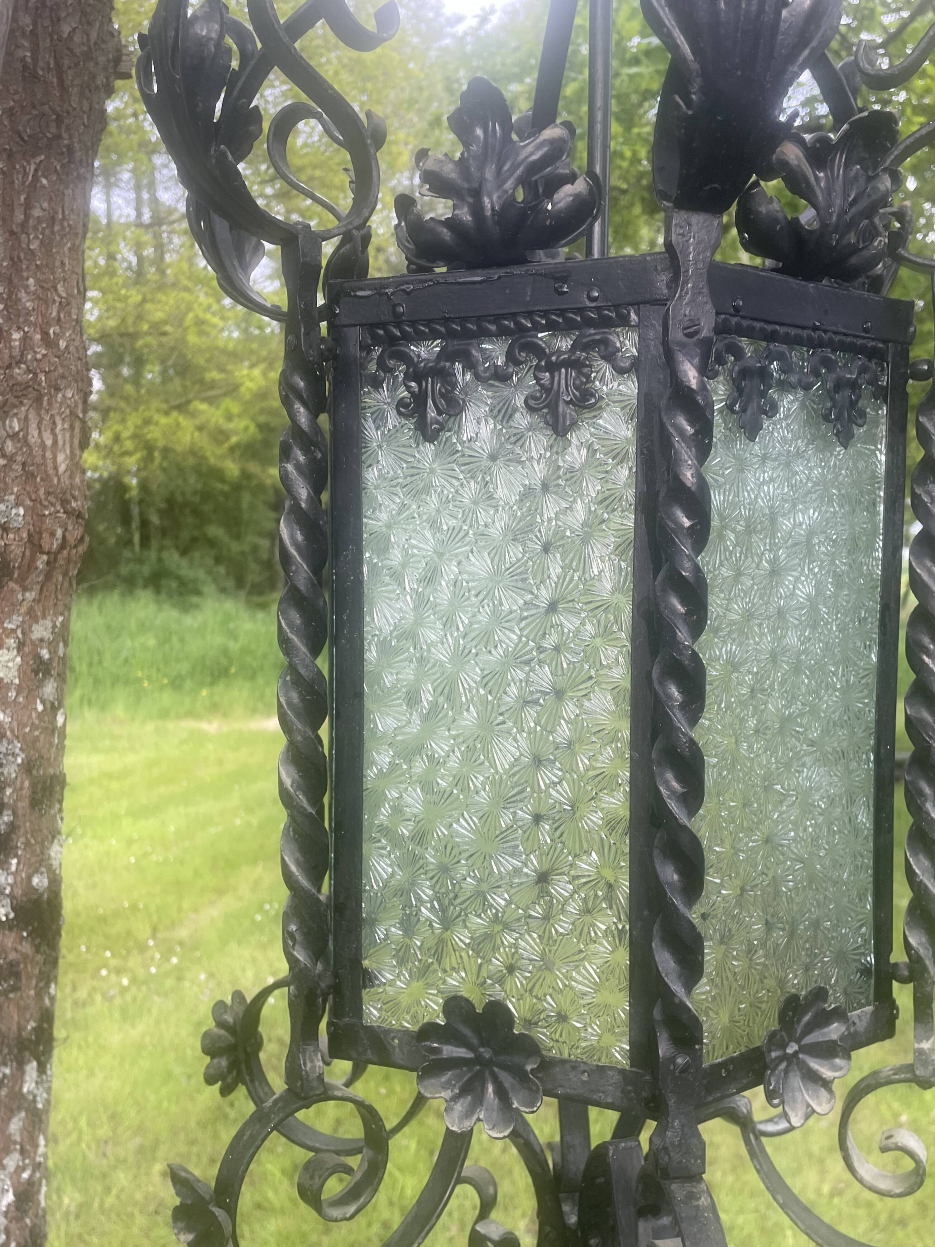 Vestibule lantern, hall, wrought iron entrance & cathedral glass, 80 cm pendant light