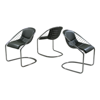 Set of 3 chairs "cortina" in grey leather and steel wire by gordon guillaumier for minotti, italy