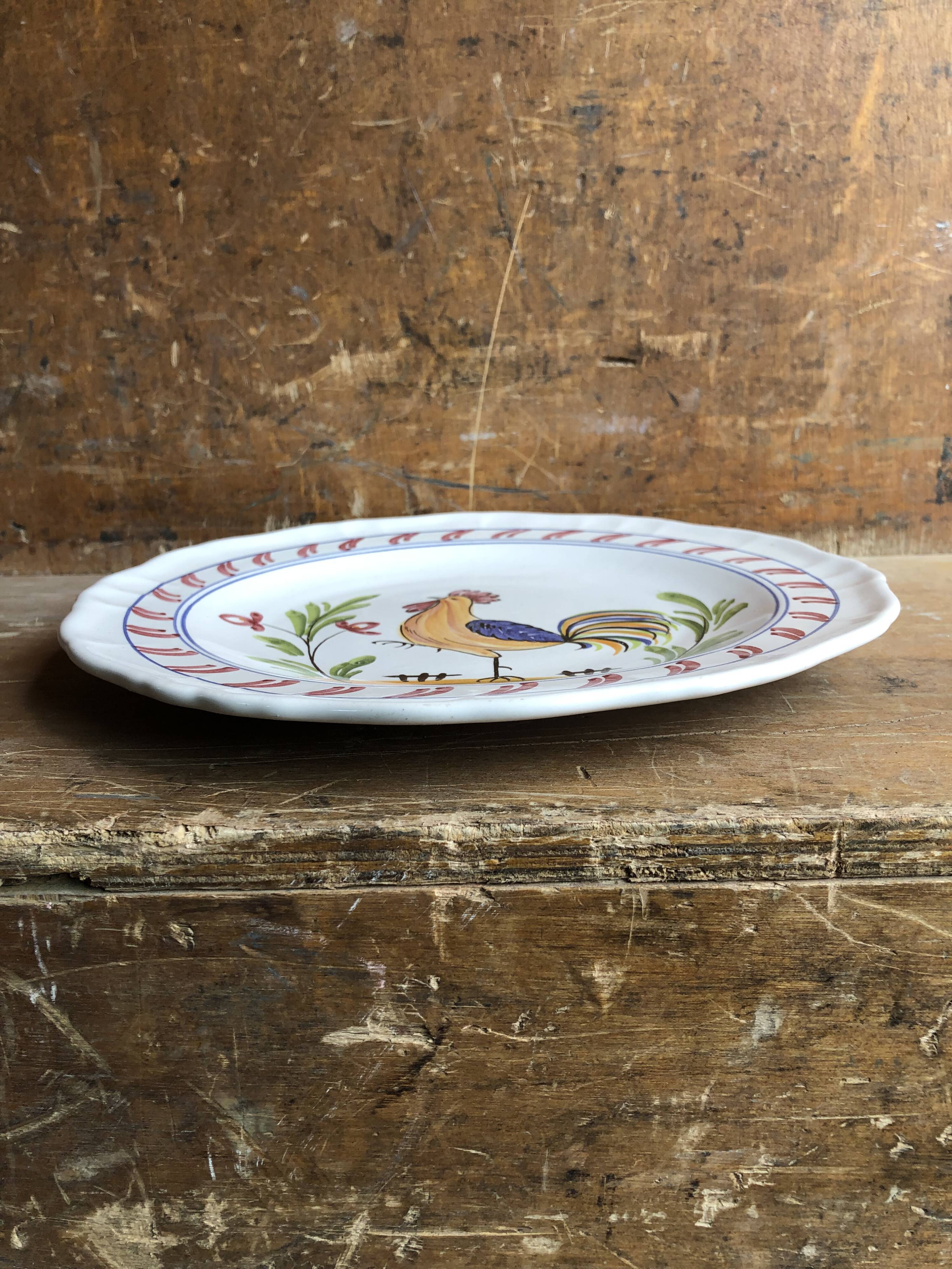 Old decorative plate Quimper France style ceramic vintage rooster design