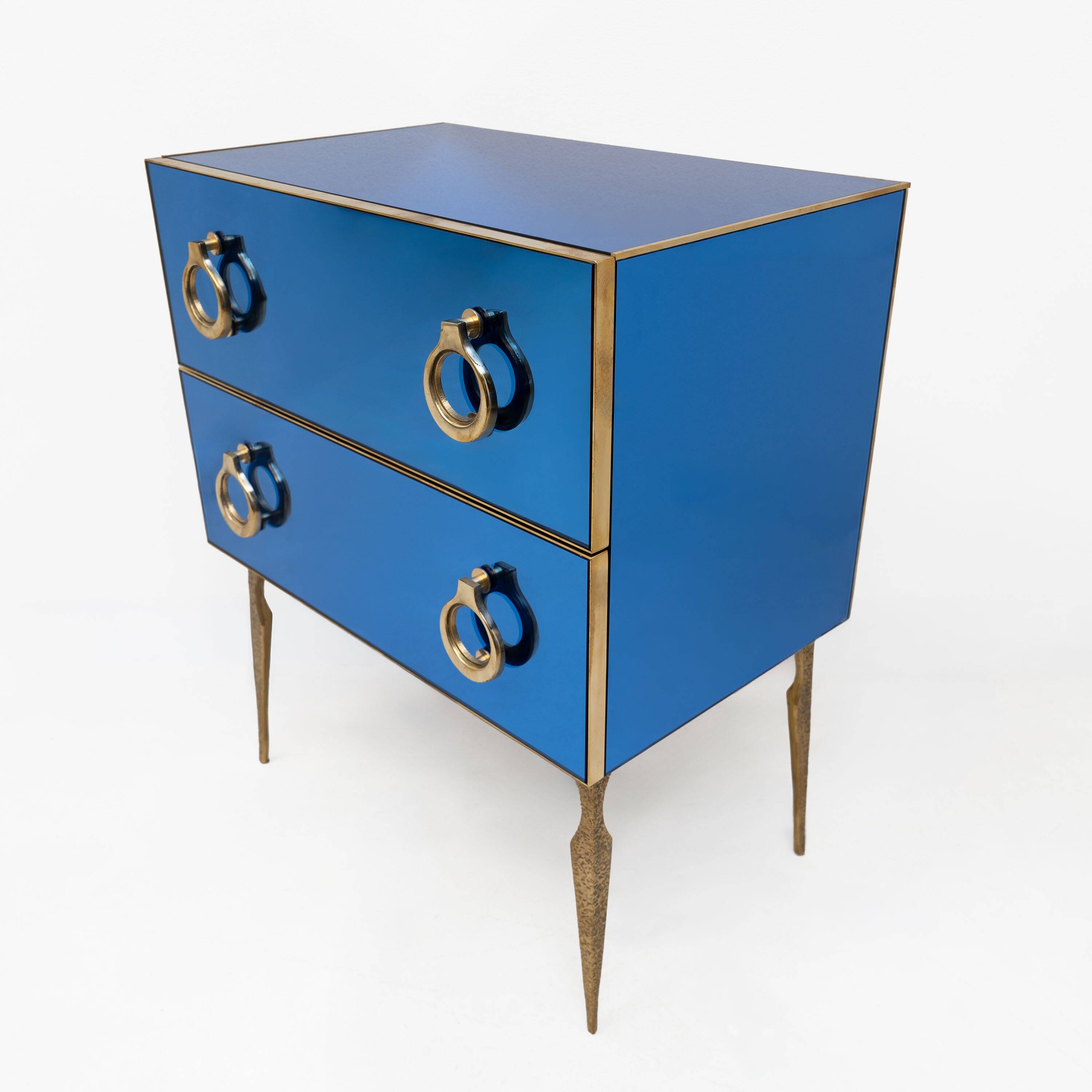 Blue Mirrored Chest of Drawers with Brass Details, Mid-Century Modern Style