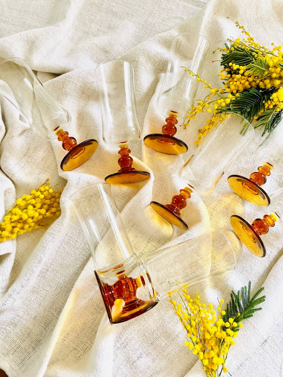 Set of 8 vintage amber glass champagne flutes