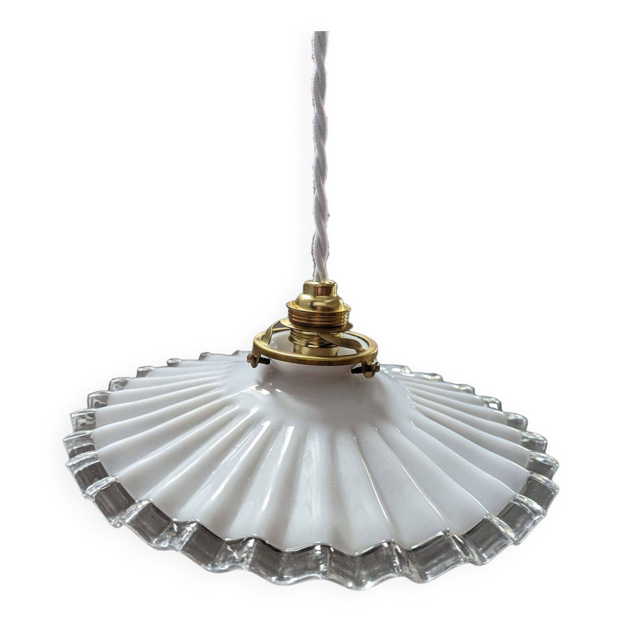 Old hanging lamp in white pleated opaline Art Deco 1930 Ø 25 cm